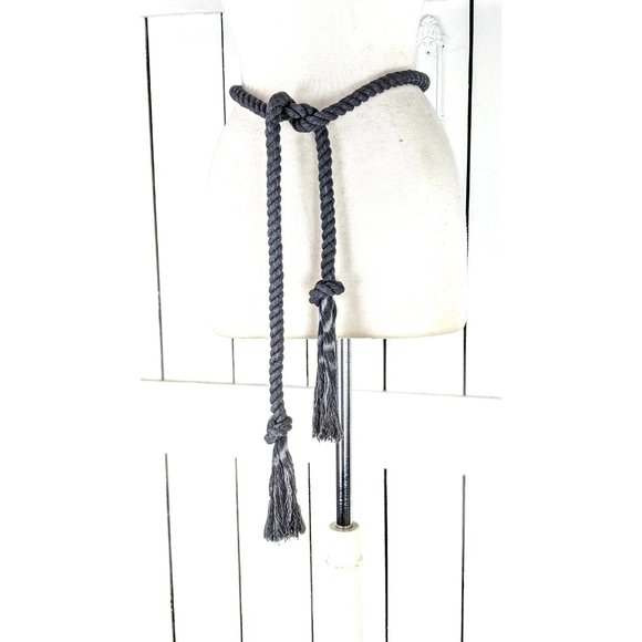 Black long woven braided rope knotted fringe tassel chord tie belt - Picture 3 of 4